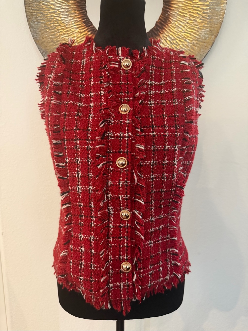 Vici Red Tweed Fringe Button-Front Women's Top